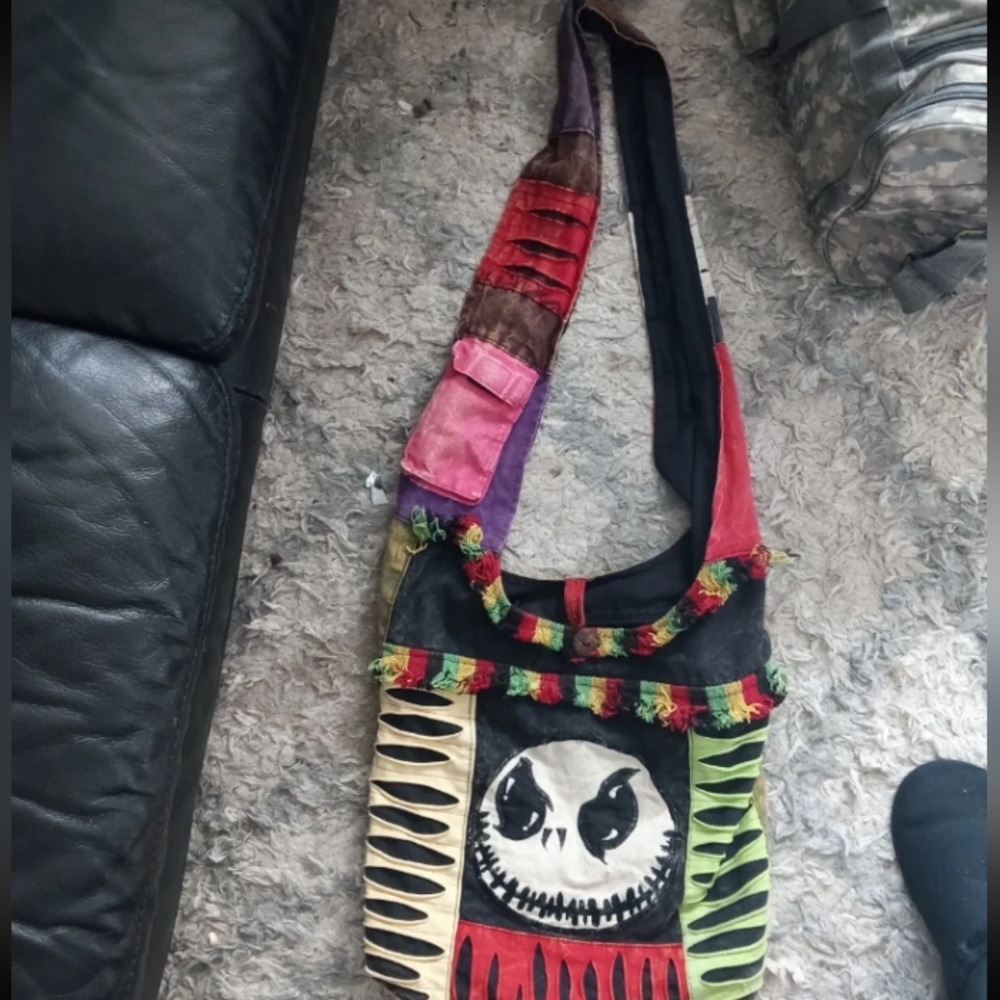 Handmade Colorful Jack Skellington Face Skull Hippie Shoulder Bag - Picture 3 of 8